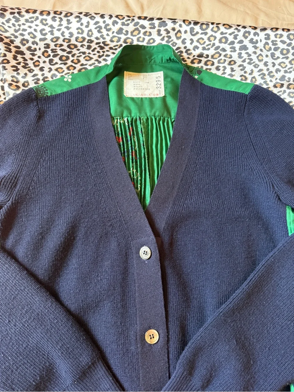 Sacai Navy Cardigan with Emerald Green Accents